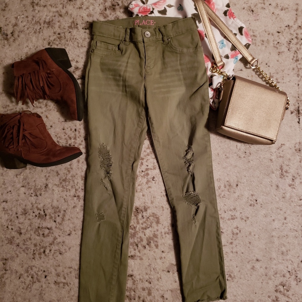Little Girls Olive Distressed Denim Skinnys 6x